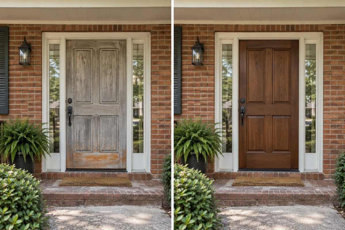 How to Maintain the Beauty of Your Refinished Wood Door 4 Professional applying a wood door maintenance coat to a refinished front door in Fort Lauderdale