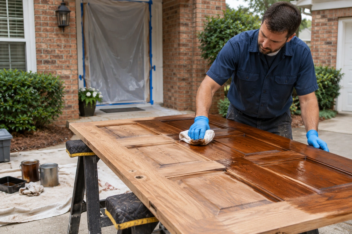 How to Maintain the Beauty of Your Refinished Wood Door 3 Technician inspecting a refinished wood front door as part of a wood door maintenance schedule in Florida