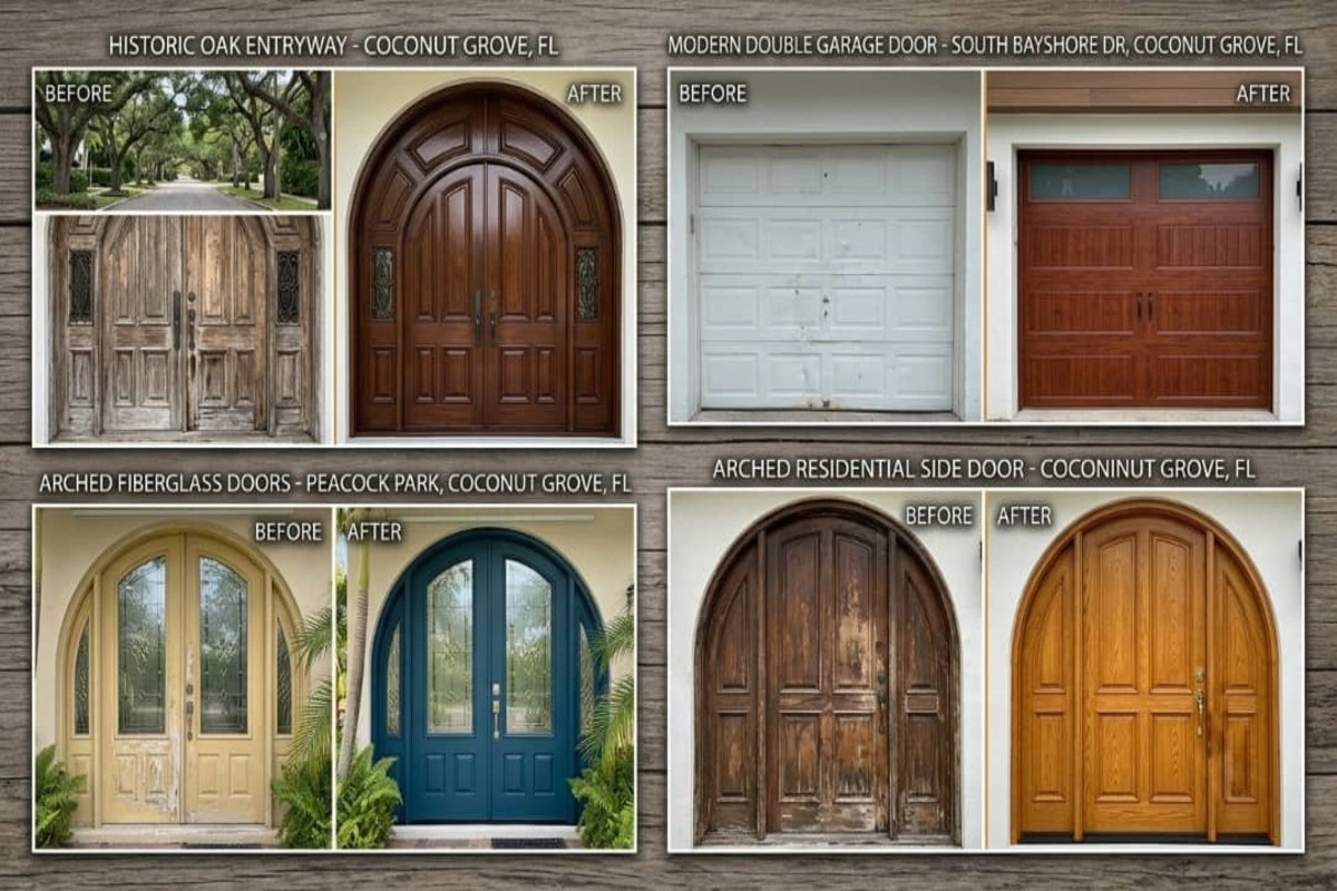 Door Refinishing in Coconut Grove, FL 4 Door refinishing before and after