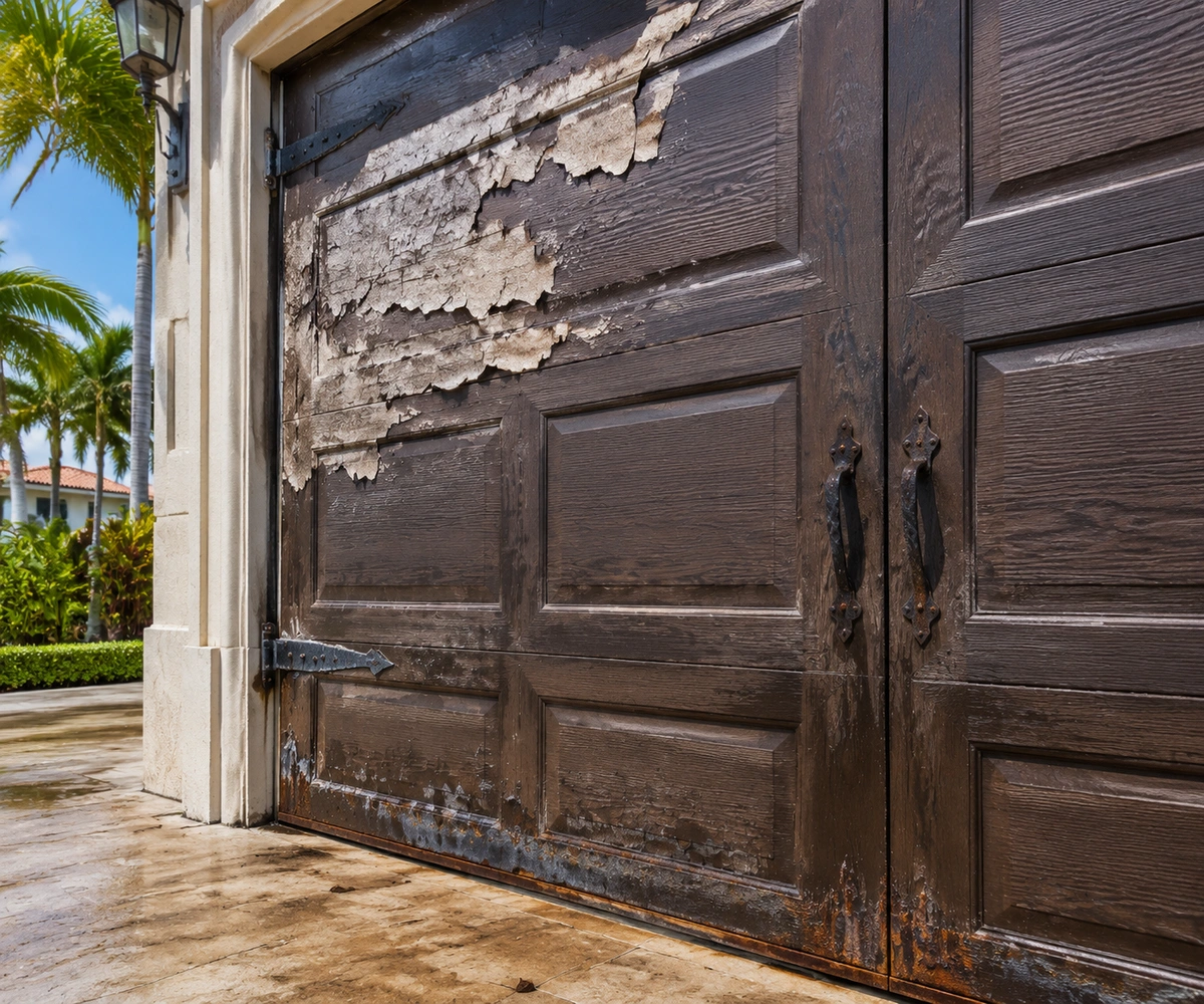 Garage Door Refinishing in South Florida — Restore, Don't Replace 3 Refinishing of damaged garage door