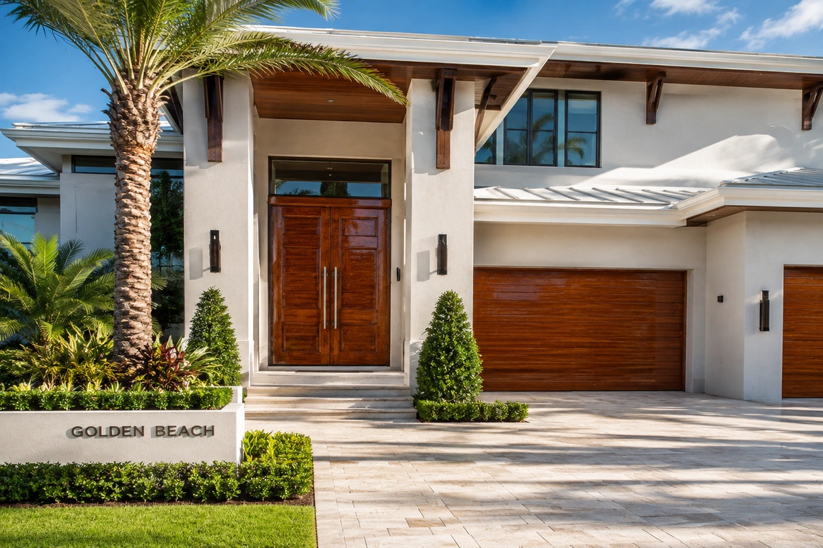 Door Refinishing Golden Beach, Florida 4 Luxury home exterior showcasing professional door refinishing and garage door restoration in Golden Beach
