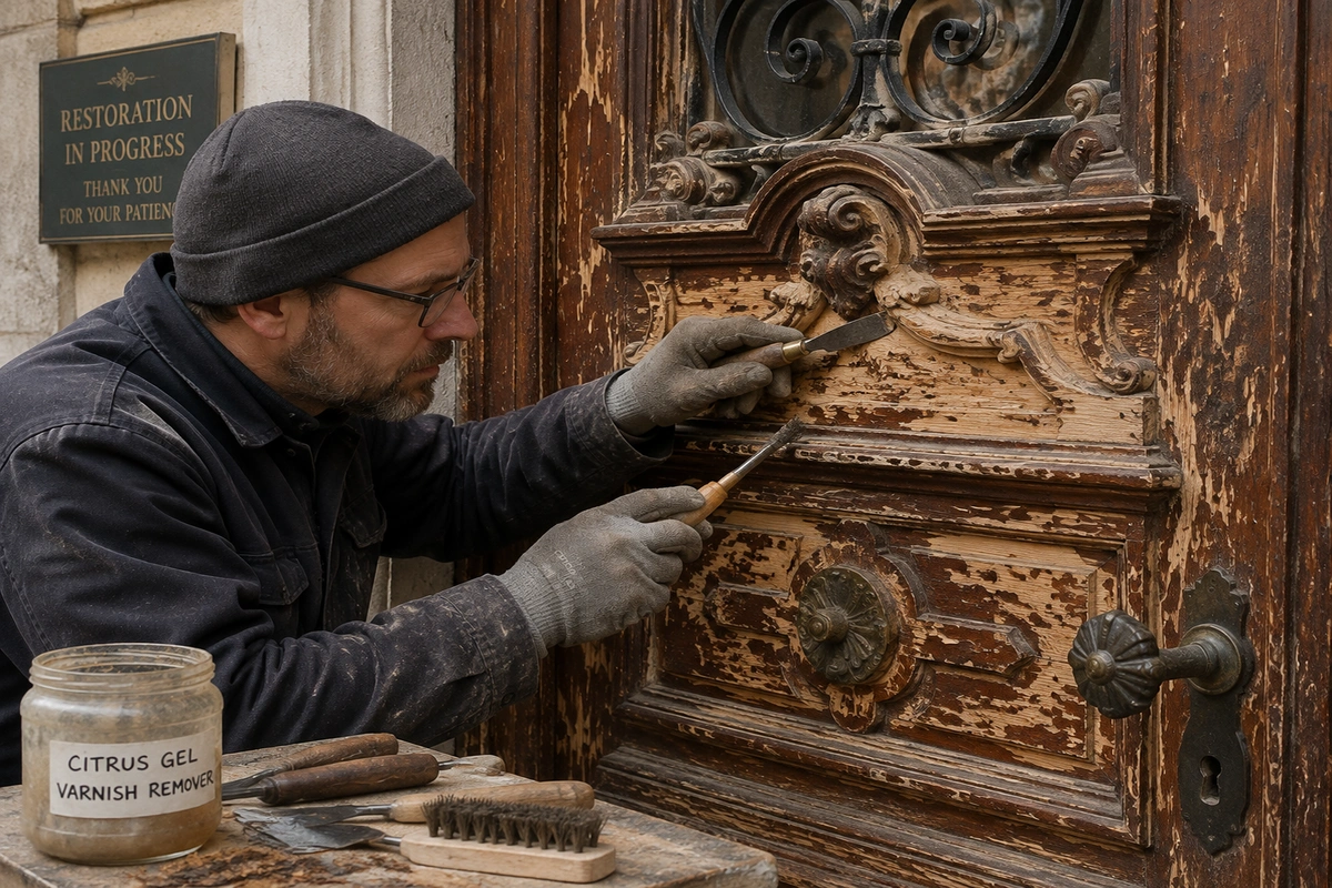 Door Refinishing Golden Beach, Florida 5 Detailed wood stripping process during custom antique door refinishing and restoration