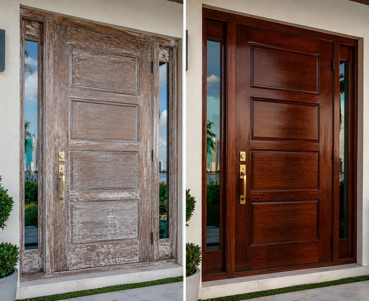 Door Refinishing Bay Harbor Islands: HOA-Approved Wood Restoration for Broadview & Bay Harbor Island Homes 4 Before and after door refinishing Bay Harbor Islands salt damage restoration comparison