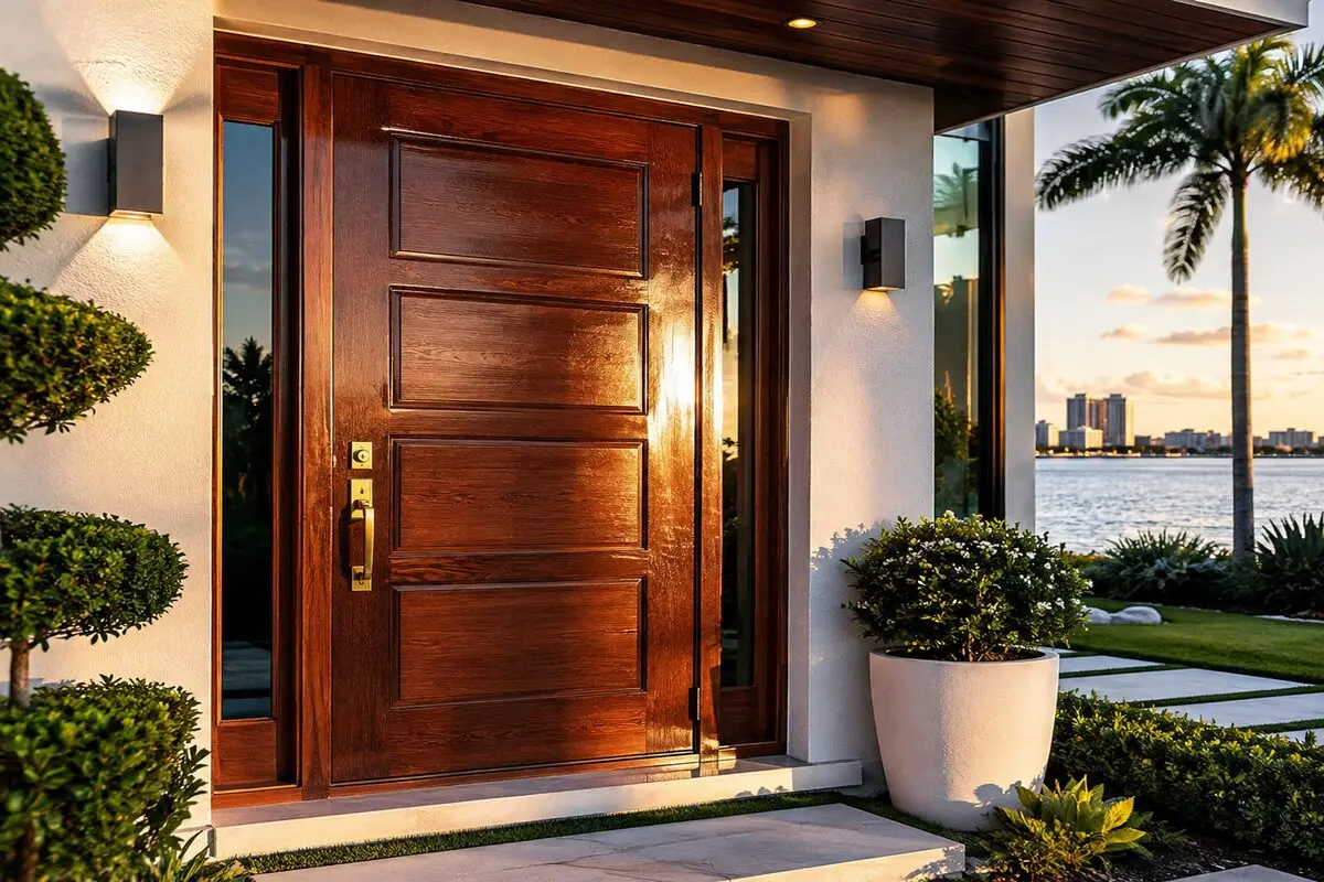 Door Refinishing Bay Harbor Islands: HOA-Approved Wood Restoration for Broadview & Bay Harbor Island Homes 2 Door refinishing Bay Harbor Islands mahogany front door with marine-grade finish on waterfront home