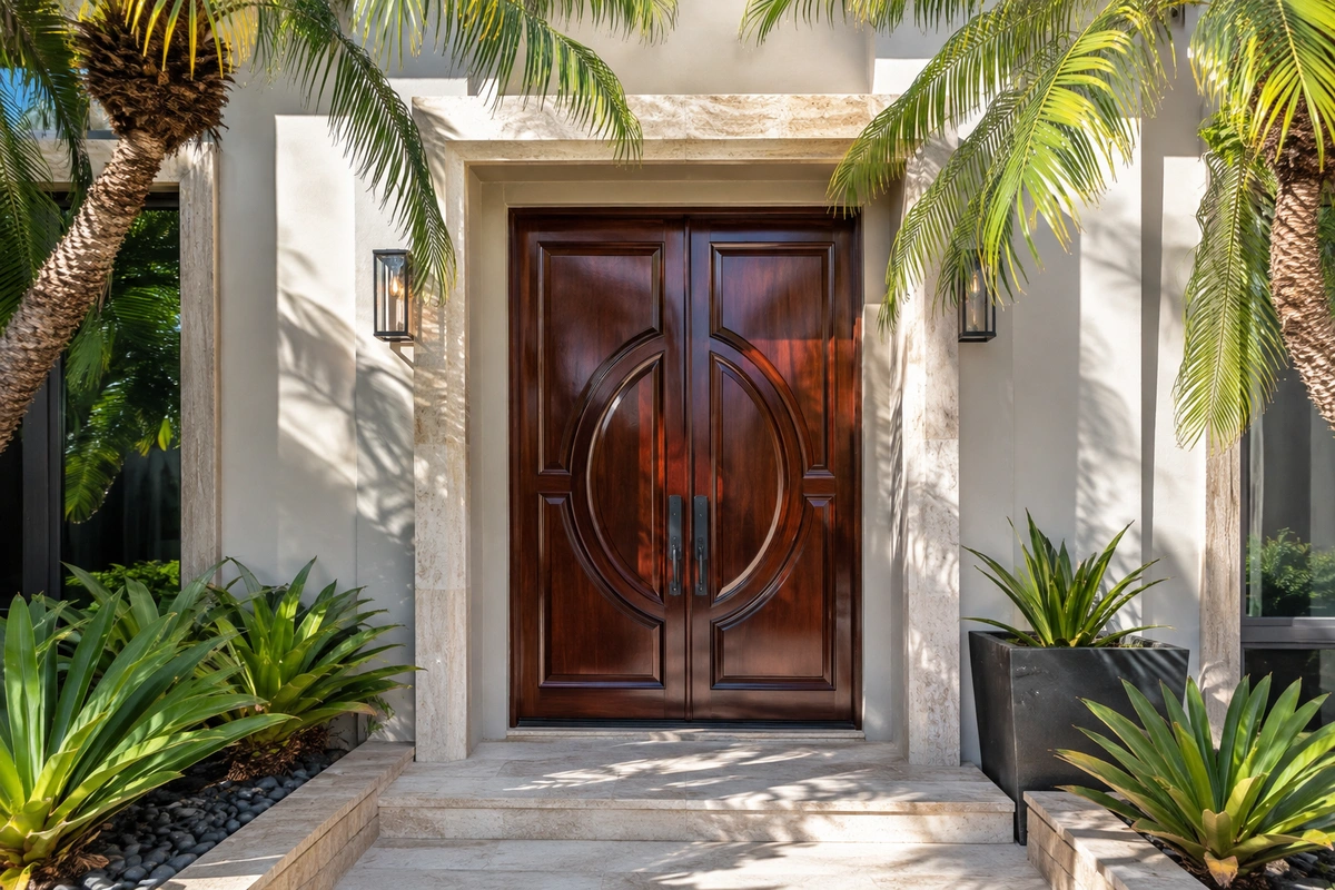 Door Refinishing Doral, FL | Premium Wood Restoration Services 3 Expert door refinishing Doral featuring restored mahogany double front doors on a luxury home.