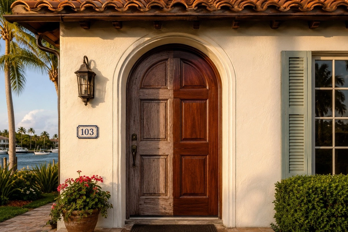 Door Refinishing Miami Shores, FL — Historic Village Wood Door Restoration 2 Door refinishing Miami Shores before and after mahogany front door restoration