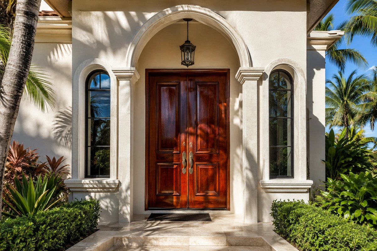 Door refinishing North Miami Beach & Wood Restoration 3 Freshly completed wooden door refinishing project on a luxury North Miami Beach property