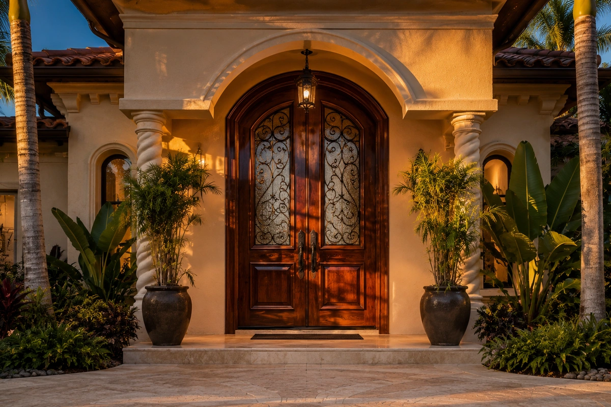 Door refinishing North Miami Beach & Wood Restoration 6 Welcoming front entrance of a North Miami Beach home featuring a freshly restored wood door