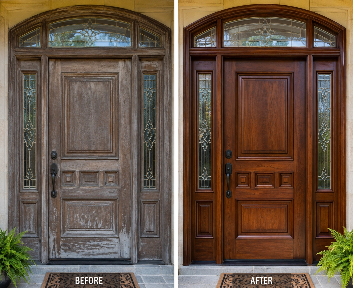Elite Door Refinishing South Miami | Restoration & Wood Repair 4 Before and after of a front door refinishing near me in South Miami, displaying the transformation from sun-damaged to fully restored