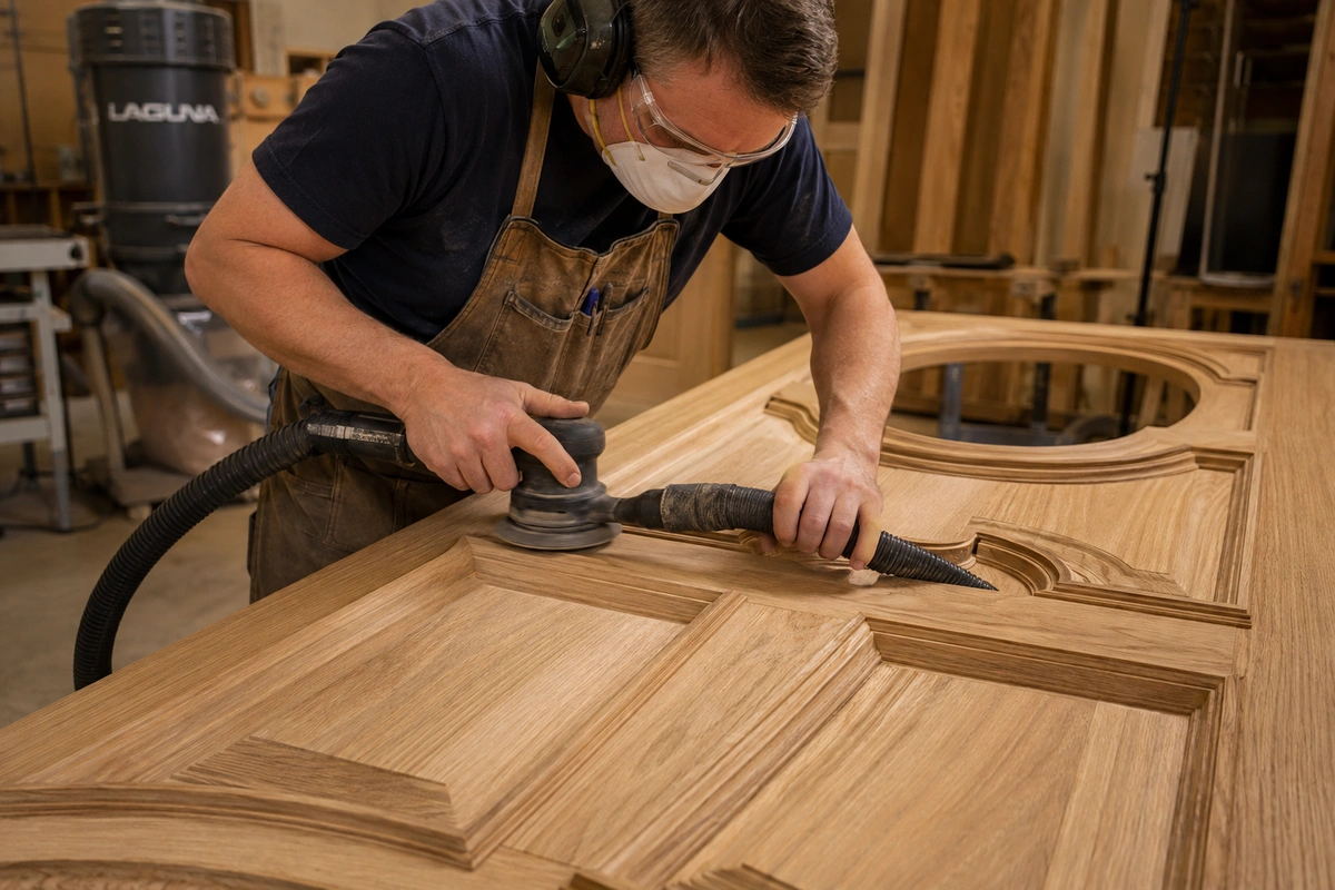 Expert Door Refinishing North Bay Village Services 4 Professional artisan performing front door refinishing and precision sanding on an oak entryway.