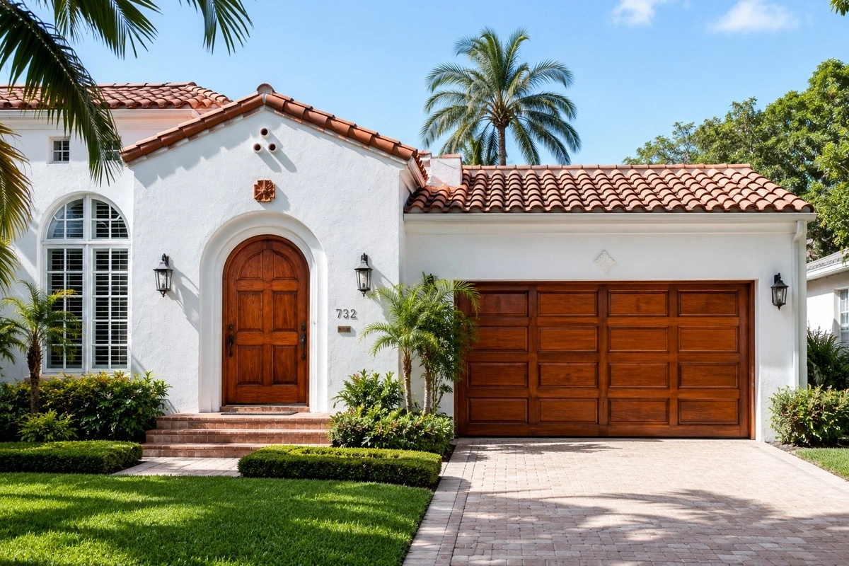 Door Refinishing Miami Shores, FL — Historic Village Wood Door Restoration 4 Garage door refinishing Miami Shores matched to mahogany front entry door