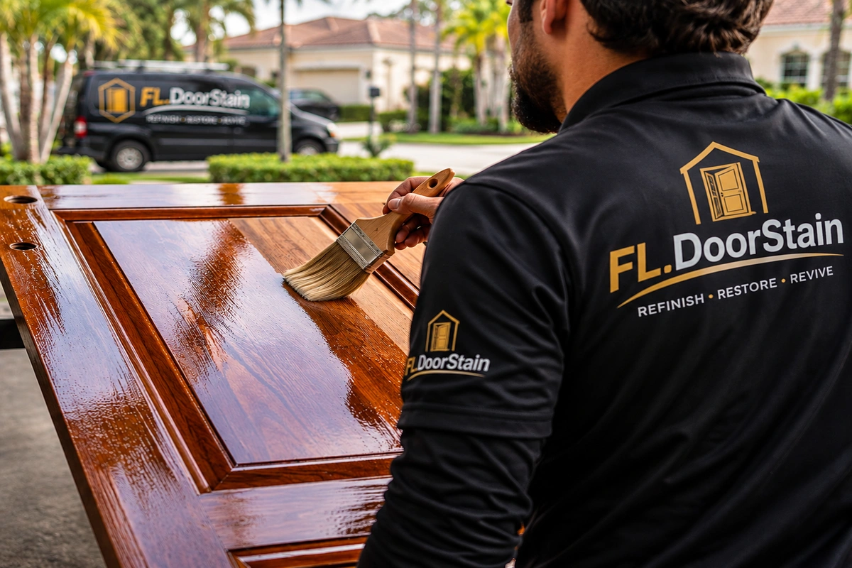 Door Refinishing Doral, FL | Premium Wood Restoration Services 6 Professional Florida Door Refinishing technician applying marine varnish to a custom wood door