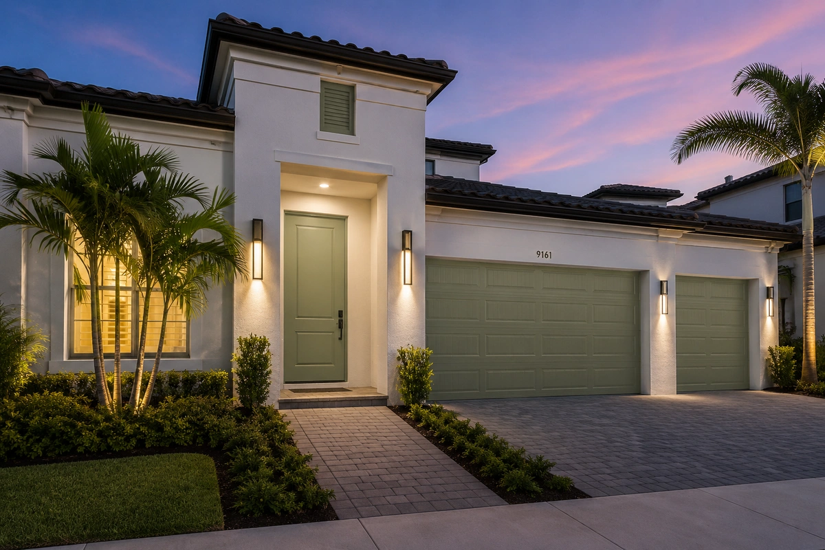 Door Refinishing Doral, FL | Premium Wood Restoration Services 5 Freshly painted sage green front door and garage doors on a modern Doral Florida home.