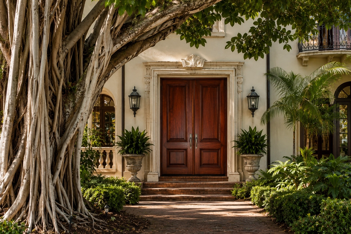Elite Door Refinishing South Miami | Restoration & Wood Repair 2 A freshly restored mahogany front door by South Miami door refinishing experts, showcasing rich wood grain and UV-protective varnish.