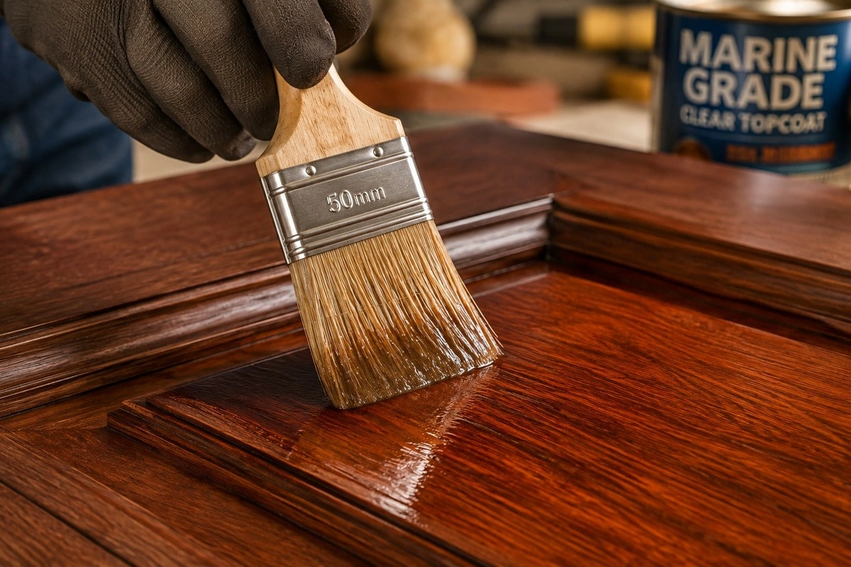 Door Refinishing Miami Shores, FL — Historic Village Wood Door Restoration 3 Applying UV-resistant marine-grade finish during Miami Shores door refinishing