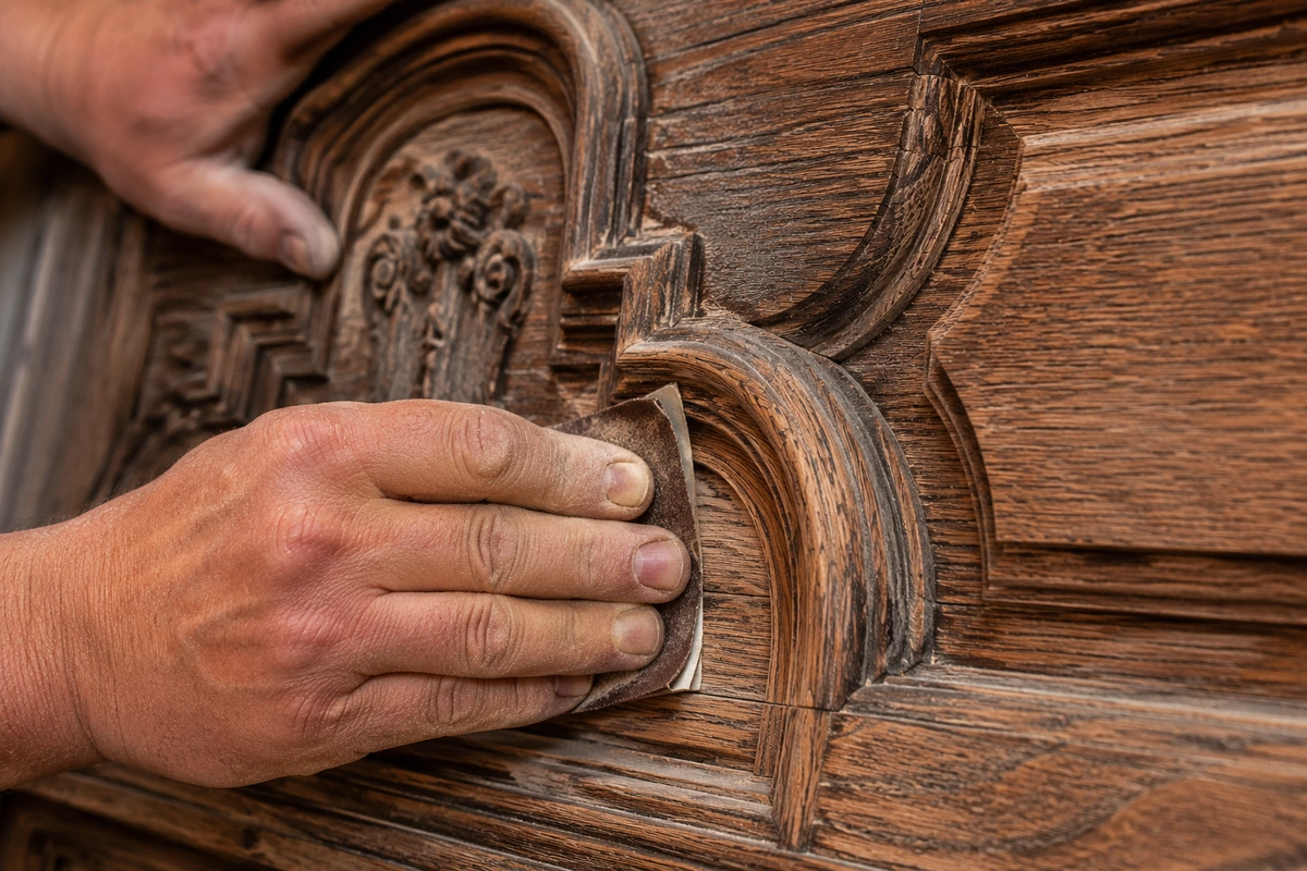 Door Refinishing Doral, FL | Premium Wood Restoration Services 4 Professional door stripping and sanding process revealing natural oak wood grain in Doral.